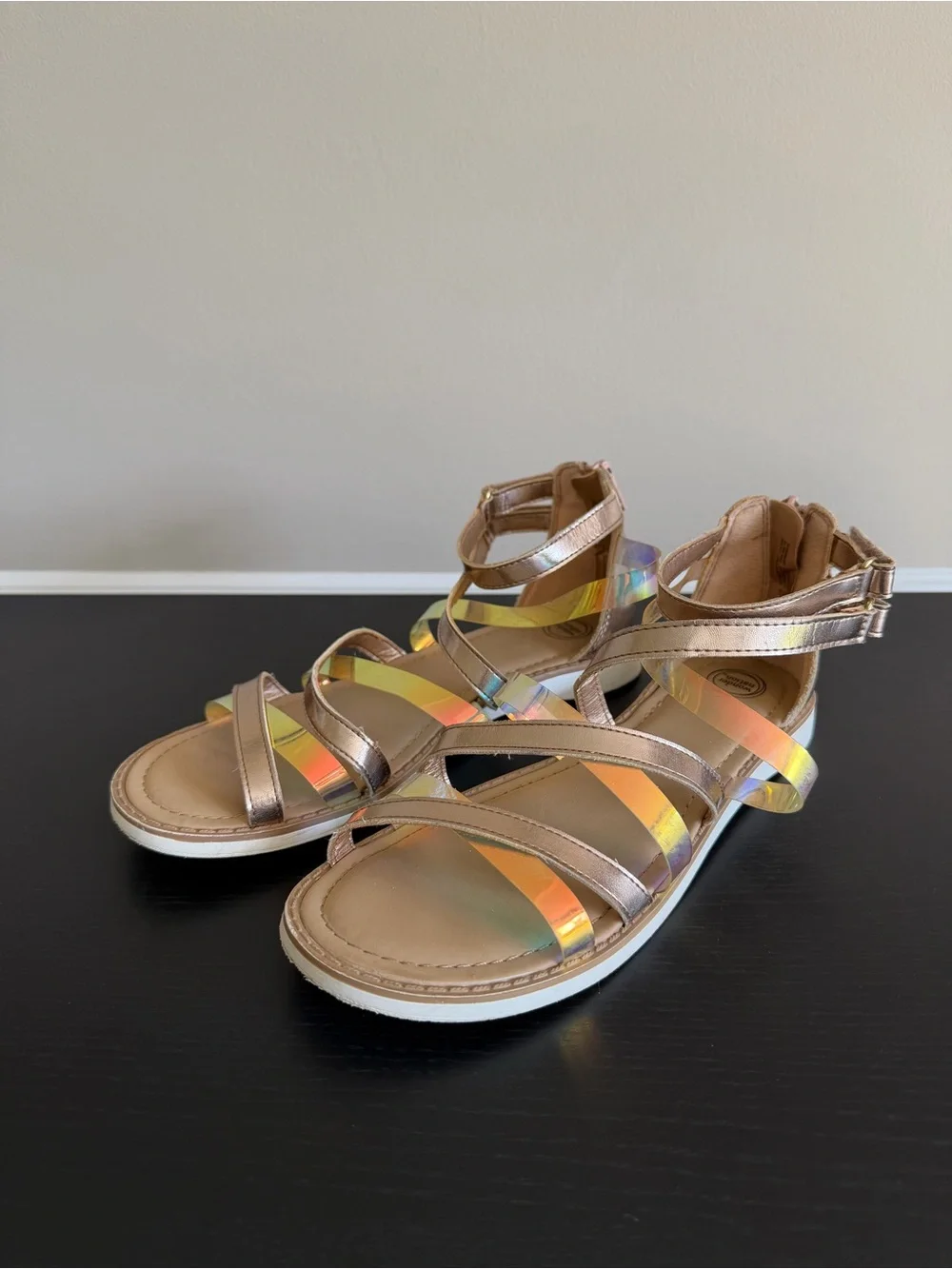 Wonder Nation Girls' 5 Gladiator Sandals Rose Gold Metallic Iridescent Straps
